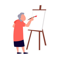 Old woman paints on canvas. Art therapy studio for the elderly concept. Recreation and leisure senior activities vector flat illustration