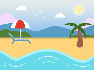 Fototapeta na wymiar Summer tropical beach background. Vacation and travel concept. Flat style vector illustration.