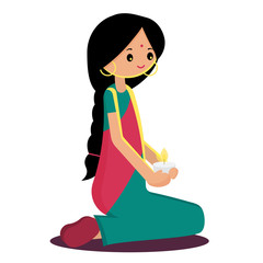Indian woman holding a candle in her hands. Diwali festival. Isolated on white background. Flat vector illustration.