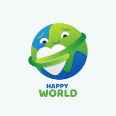 Happy green world logo concept. Earth character hugs heart. Environment or ecology day.