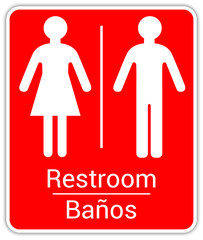 Toilettes pour hommes et femmes, wc mixtes et unisexe - panneau pour salle de bain, toilettes et autres commodités en anglais et en espagnol