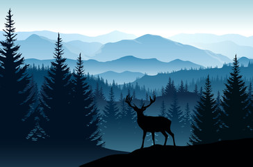 Paysage bleu vectoriel avec des silhouettes de montagnes brumeuses, de forêts et de cerfs