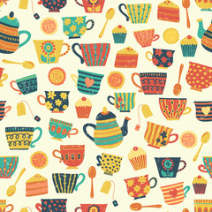 Seamless retro tea cup vector pattern background beige. Distressed vintage look. Hand drawn tea mugs, teapot, spoons, cupcake. For paper, packaging, fabric, menu, cafe, bakery, tea party, card, winter