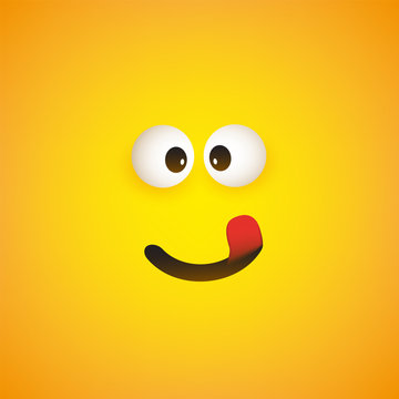 Smiling Emoji with Stuck Out Tongue - Simple Shiny Happy Emoticon Face on Yellow Background - Vector Design 