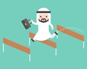 Arab business man jump over hurdle, flat design