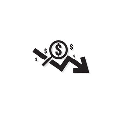 dollar arrow decrease rate icon. Money arrow symbol. economy stretching rising drop fall down. Business finance lost crisis. cost reduction bankrupt icon. flat outline vector illustration