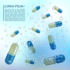 Realistic 3d pills in the water with the bubbles. Pharmacy, antibiotic, vitamins, tablet, capsule. Medicine. Vector illustration of the Tablets and Drugs.