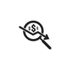 dollar arrow decrease rate icon. Money arrow symbol. economy stretching rising drop fall down. Business finance lost crisis. cost reduction bankrupt icon. flat outline vector illustration