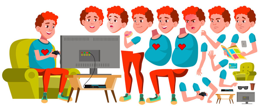 Teen Boy Vector. Animation Creation Set. Face Emotions, Gestures. Fun, Cheerful. Red Head. Fat Gamer. Animated. For Card, Advertisement, Greeting Design. Isolated Cartoon Illustration