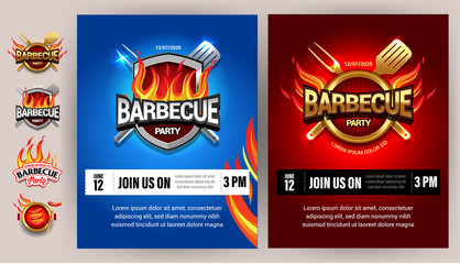 BBQ 2colorful poster template designs , party design, invitation, ad design. Barbecue logo. BBQ template menu design. Barbecue Food flyer. Barbecue advertisement. - obrazy, fototapety, plakaty