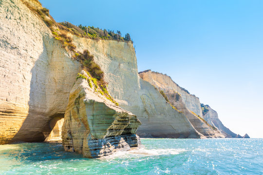 Logas Beach and amazing rocky cliff in Peroulades. Corfu Island. Greece