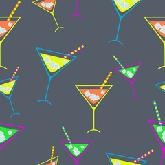Bright cocktail or wine glasses on dark background. Seamless pattern. Can be used for stationery ,wallpaper , scrapbooking and textile, fabric prints.