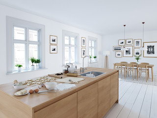 modern nordic kitchen in loft apartment. 3D rendering