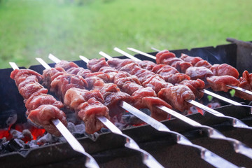 In the summer barbecue is cooked on the grill. Meat on skewers. The smoke from coals.