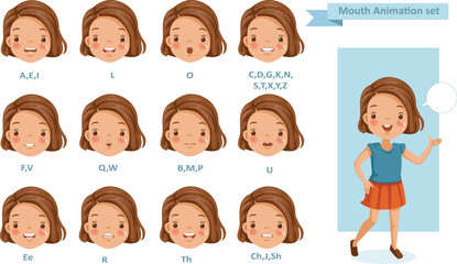 Naklejka premium Mouth girl animation. lip sync collection for animation. talking mouth. Accent and pronunciation speak. tongue and articulate. Cartoon vector poses illustration isolated white background