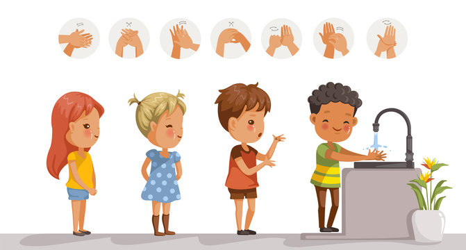 Children are washing. perspective of children standing at the wash basin.  at school girls and boys waiting to wash. diagram showing how to clean the  right hand. steps to wash hands in