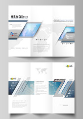 The minimalistic abstract vector illustration of editable layout of two creative tri-fold brochure covers design business templates. World map on blue, geometric technology design, polygonal texture.