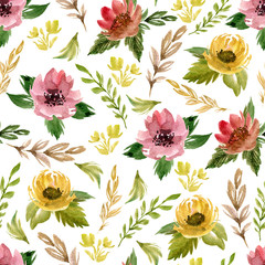 Seamless pattern with flowers, leaves, branches. Watercolor hand drawn