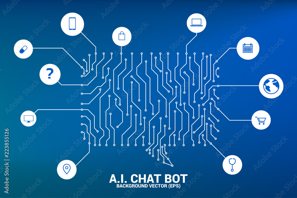 Poster Artificial intelligence Chat bot service with dot connected line style background with circuit board graphic style. speech bubble with various icon.