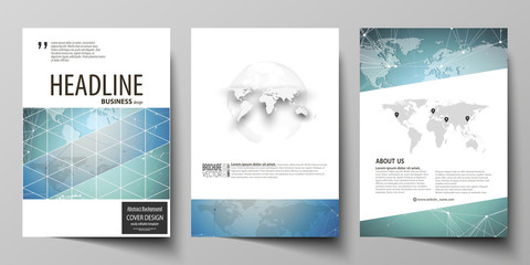 The vector illustration of the editable layout of three A4 format modern covers design templates for brochure, magazine, flyer, booklet. Chemistry pattern, connecting lines and dots. Medical concept.
