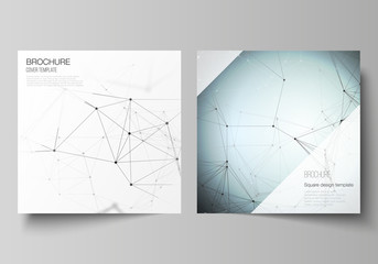 The vector layout of two square format covers design templates for brochure, flyer, magazine. Technology, science, medical concept. Molecule structure, connecting lines and dots. Futuristic background