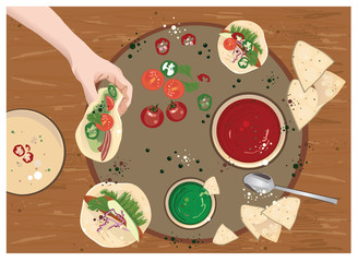 Foodie illustration, foodporn, instagram bloger, taco, nacho, guacamole dinner
