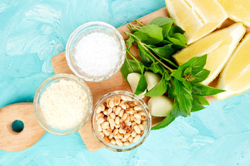 Ingredients for pesto sauce with basil, pine nuts, parmesan