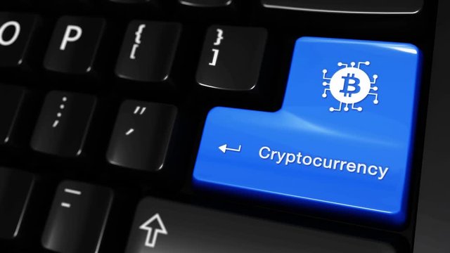90. Cryptocurrency Moving Motion On Blue Enter Button On Modern Computer Keyboard with Text and icon Labeled. Selected Focus Key is Pressing Animation. Digital Currency Concept
