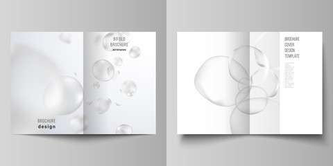 Vector layout of two A4 format cover mockups design templates for bifold brochure, flyer, booklet, report. Spa and healthcare design. Soft color medical consept background with molecules or particles.