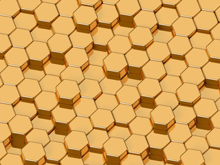 Wall of golden hexagons as wallpaper or background. 3D rendering	