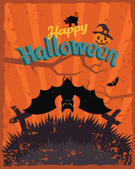 Happy Halloween vintage poster. Bat and spider, Cute pumpkin in a hat spooky scary smile and black cat on the night background of the cemetery. Vector illustration.