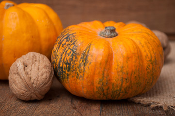 closeup of small pumpkins and walnuts on wooden background