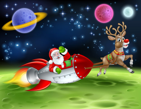 Santa Claus in a rocket sleigh pulled by reindeer Christmas cartoon with alien planet landscape background