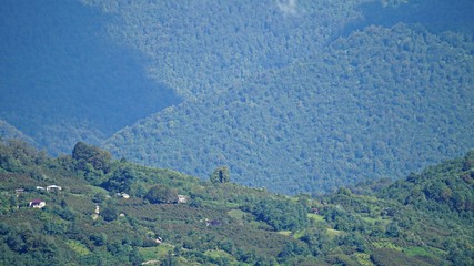 Mountain peak range landscape. Green mountain range view. Mountain peak blue sky white clouds panorama