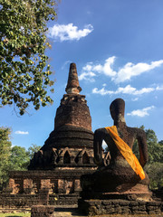 Landscape of Sculpture with pagoda at Kamphaeng Phet historical park, Thailand