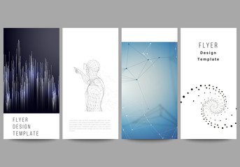 The minimalistic vector illustration of the editable layout of flyer, banner design templates. Technology, science, future concept abstract futuristic backgrounds.