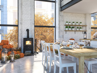 nordic kitchen in an apartment. 3D rendering. thanksgiving concept.