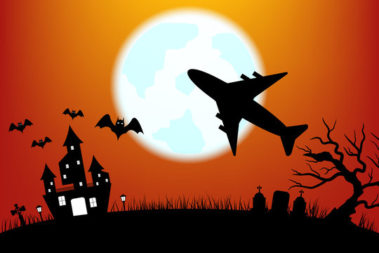 Halloween background with airplane and full moon