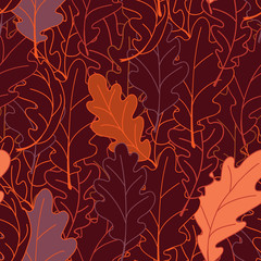 Seamless plant pattern of oak leaves. A linear pattern on a dark background.