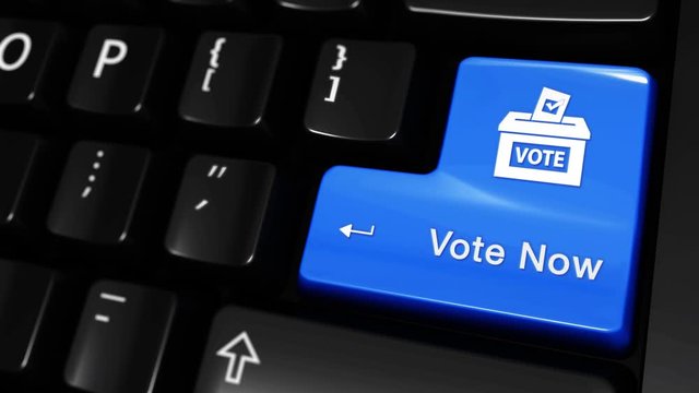 505. Vote Now Moving Motion On Blue Enter Button On Modern Computer Keyboard with Text and icon Labeled. Selected Focus Key is Pressing Animation.
