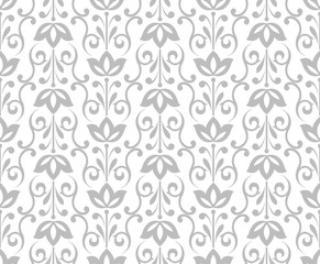 Flower geometric pattern. Seamless vector background. White and grey ornament. Ornament for fabric, wallpaper, packaging. Decorative print.