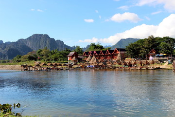 Vang Vieng, Laos - January 1, 2016 : Travel Song River, The river clear and  mountain view beautiful and blue sky