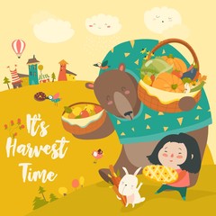 Obraz na płótnie Canvas Funny bear, bunny and cute girl harvesting