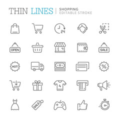 Collection of shopping related line icons. Editable stroke