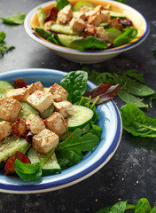 Fried Tofu Salad with Cucumbers, Sesame Seeds and green vegetables