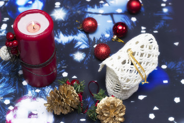 Christmas decorations, background with toys and candle