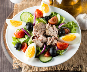 Fresh fish tuna salad made of tomato, ruccola, tuna, eggs, arugula, crackers and spices. Caesar salad in a white bowl on wooden background