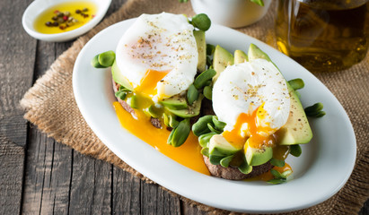 Avocado toast, cherry tomato on wooden background. Breakfast with toast avocado, vegetarian food, healthy diet concept. Healthy sandwich with avocado and poached eggs.