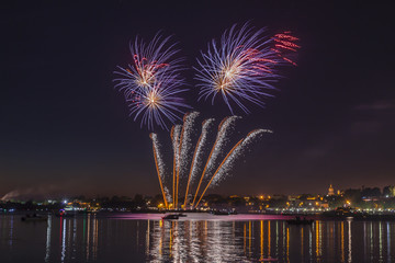 Fireworks in the night sky over the river