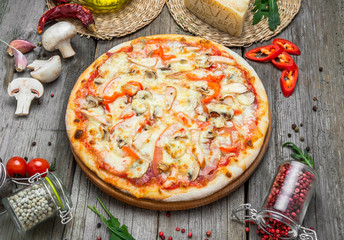 Pizza with tomatoes, mozzarella cheese. Delicious italian pizza